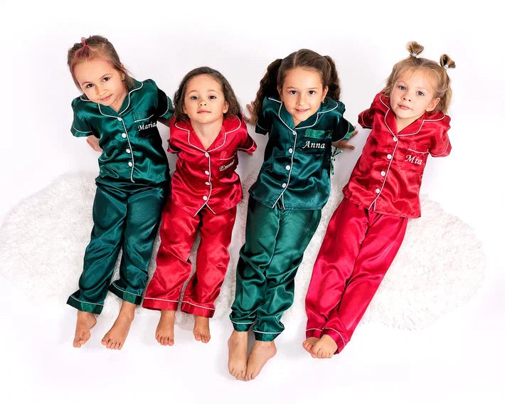 Kids Custom Satin Holiday Pajamas with names, Christmas gift- S+L – Sisters  G Shop