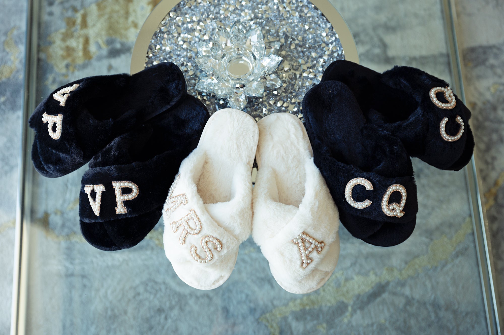 Women's Fuzzy Memory Foam Letter Patch Slippers: Personalized Women’s Slippers 5-6 / Gray / Rhinestone and Pearl